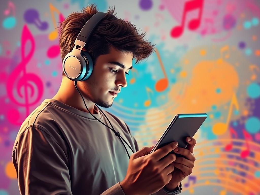A vibrant image of a person wearing headphones, immersed in