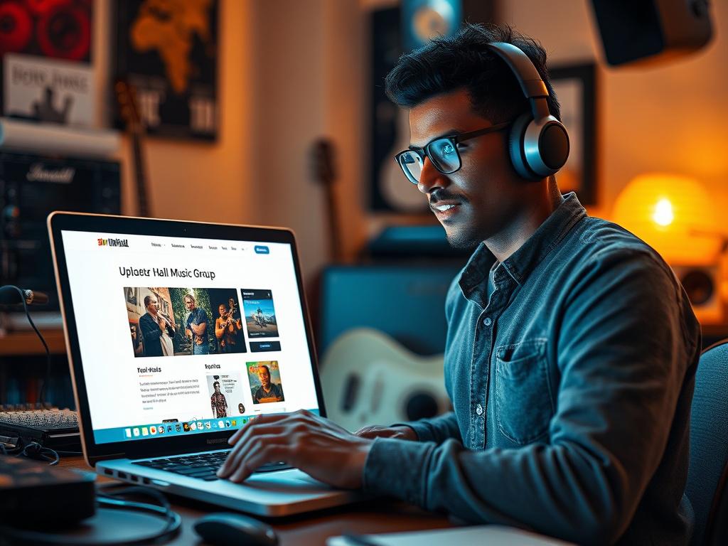 A high resolution image of a musician confidently uploading their