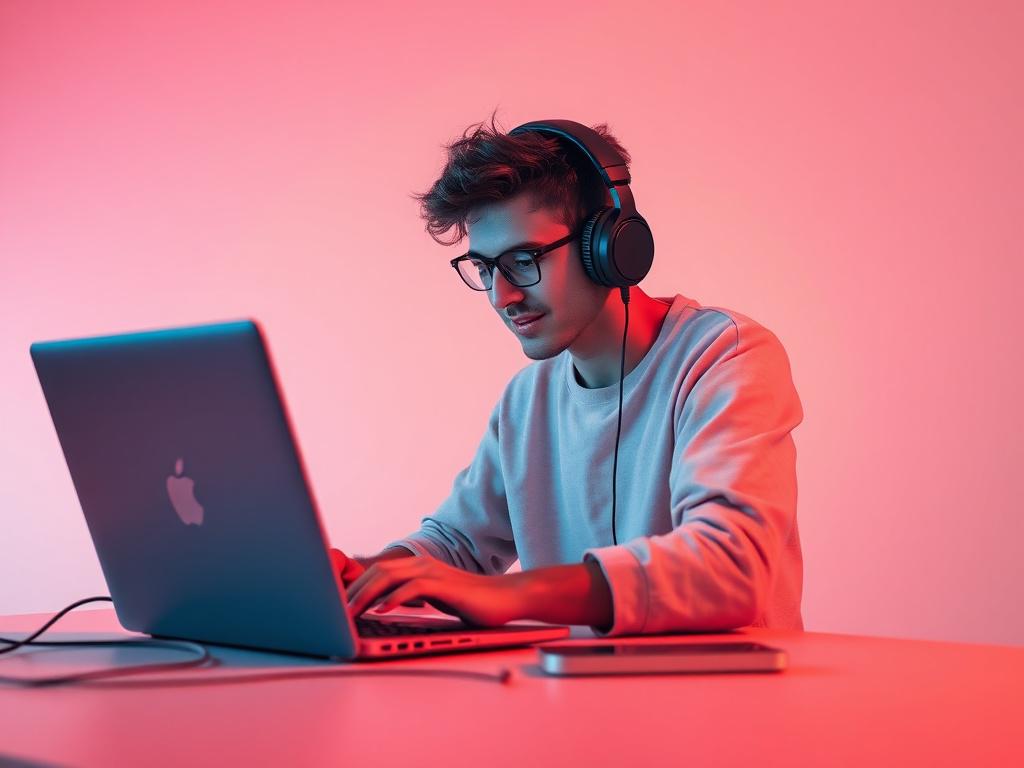 A vibrant, high resolution image depicting a person using headphones