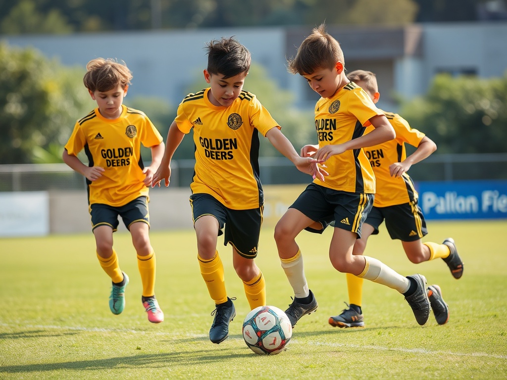 Young soccer players in Golden Deers FC uniforms playing together at the park during match