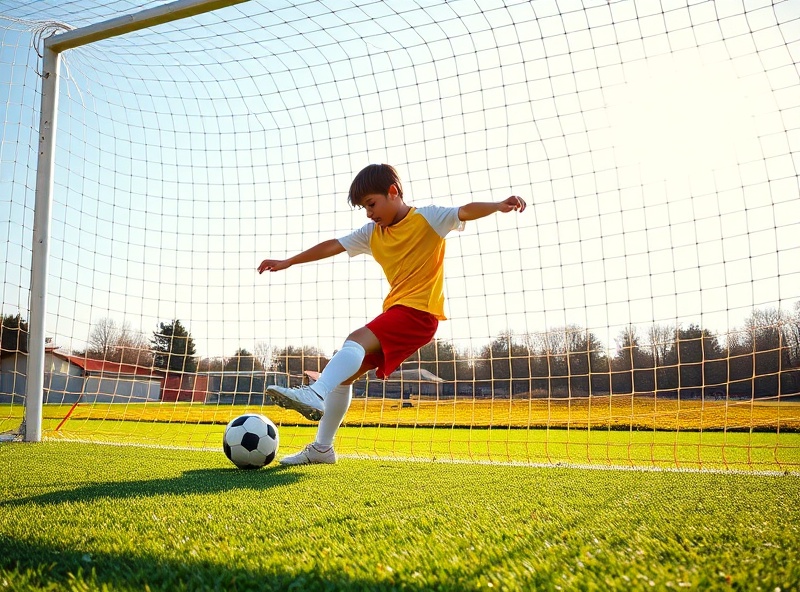 Young soccer player kicking the ball into the goal during try-outs