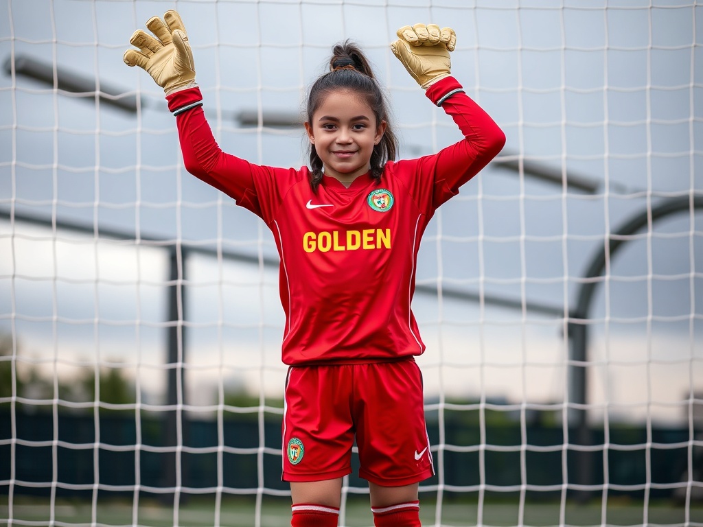 Young girl goalkeeper in red Golden Deers FC jersey standing ready in the goal with arms raised, wearing goalkeeper gloves