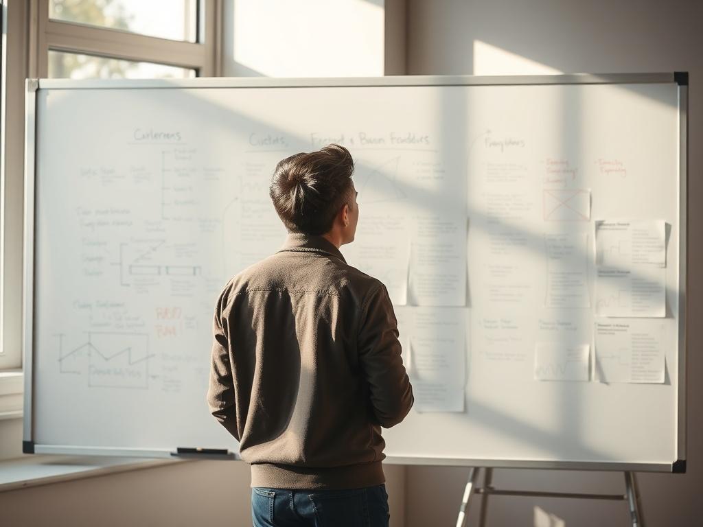 A thoughtful individual standing in front of a whiteboard filled