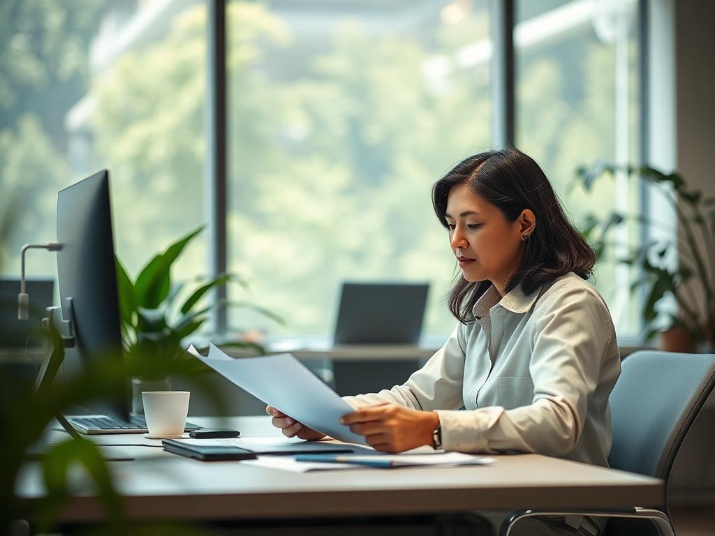 A person sitting calmly at a desk in a modern