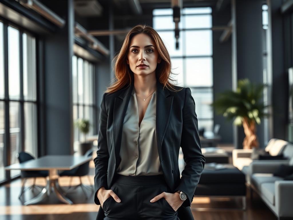 A professional businesswoman in her mid-30s, dressed in high-end fashion, standing confidently in a modern office environment. The background features sleek, contemporary furnishings and large windows that allow natural light to flood the space. The lighting is high-contrast with deep shadows, emphasizing the woman's stylish outfit and poised demeanor. She has a thoughtful expression, conveying clarity and self-trust, symbolizing the essence of navigating pressure and performing under high stakes.