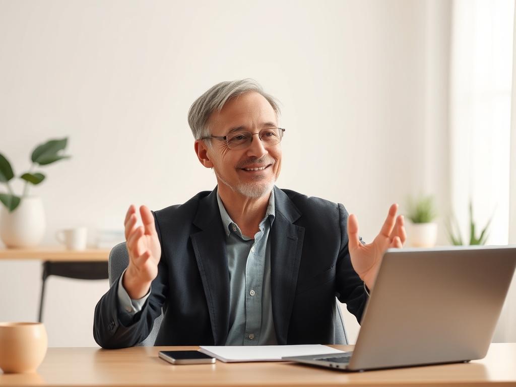 Create a realistic high-resolution photo depicting a professional, calm individual seated at a modern desk, engaged in a focused conversation through a video call. The subject should be a middle-aged person, reflecting a sense of confidence and clarity, dressed in business attire that suggests professionalism without being overly formal. 

The background should feature a soft, well-lit home office environment, with subtle elements such as a potted plant, a neatly organized desk, and light-colored walls that