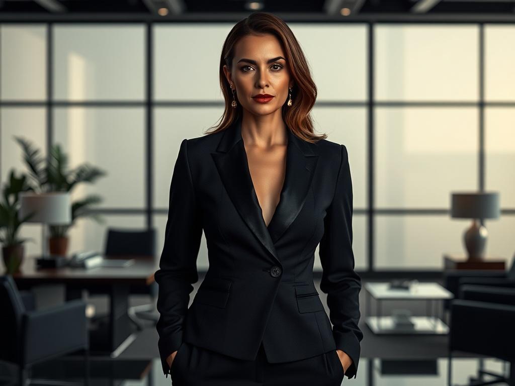 A businesswoman styled in a high-end Gucci suit, confidently standing in a sleek, modern office environment. The composition should focus on her poised demeanor, with a backdrop of elegant office furnishings that convey professionalism. The lighting should be bold and high-contrast, creating deep shadows and highlighting the luxurious fabric and details of the suit. The overall feel should exude sophistication and success.