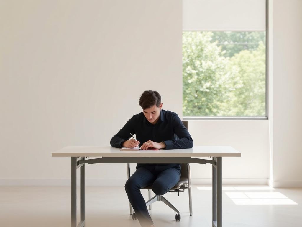 A serene office environment with a single person seated at a clean, minimalist desk, focused on writing in a notebook. The background features soft, natural lighting coming through a large window, showcasing greenery outside. The color palette is neutral and warm, emphasizing calmness and clarity. The composition is simple, with a clear focus on the individual engaged in thoughtful reflection.