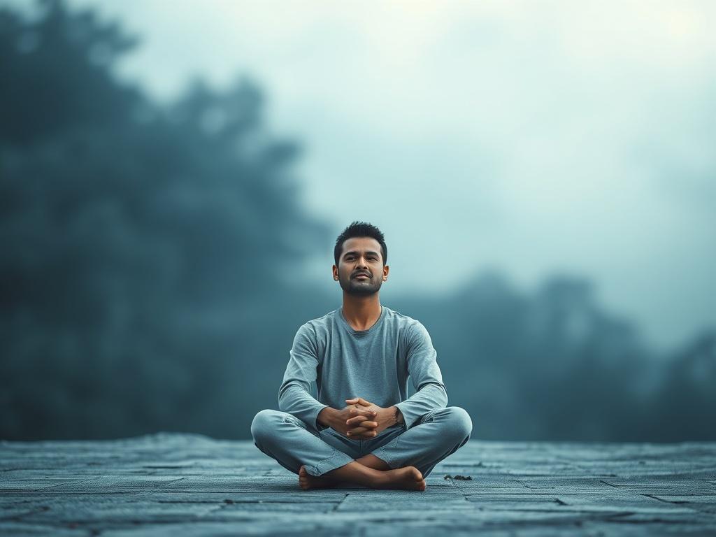 A serene environment featuring a single person sitting cross-legged with a calm expression, surrounded by soft blue and gray tones. The background is a blurred natural setting that evokes tranquility, enhancing the focus on the person. The image captures a moment of deep reflection, embodying the essence of self-trust and clarity in high-pressure situations.