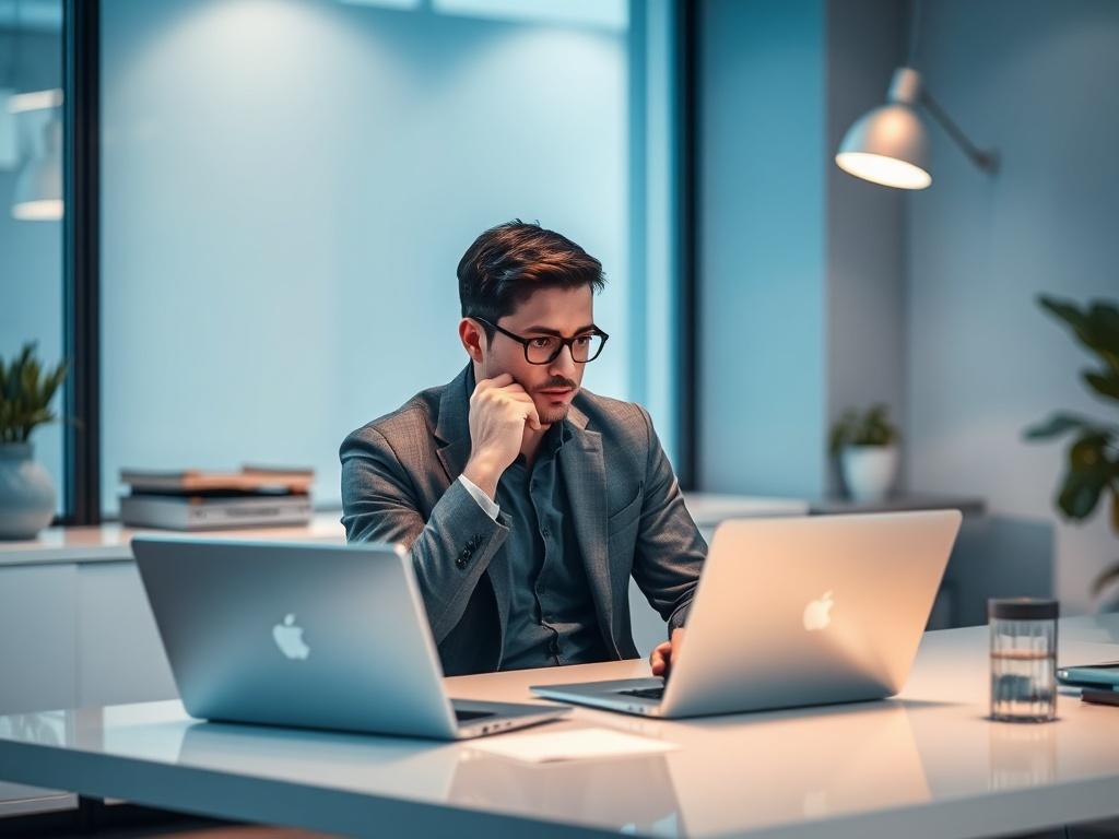 A focused professional sitting at a modern desk, analyzing data on a laptop. The setting includes elements of a serene workspace, with soft blue and gray accents creating a calming atmosphere. The person is deep in thought, symbolizing strategic decision-making and the blend of clarity with ethical considerations in business.