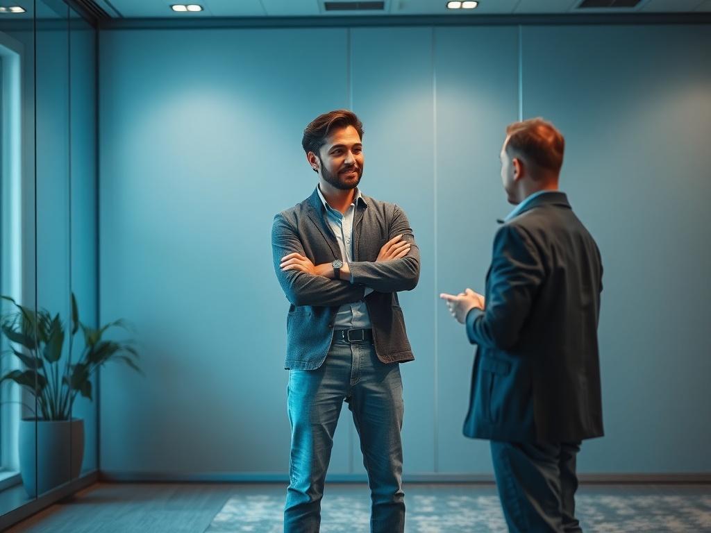 An individual standing confidently in a modern office setting, engaged in a discussion with another person. The scene captures a constructive exchange, showcasing open body language and attentive expressions. The backdrop is composed of soft hues of blue and gray, creating an atmosphere of calmness and professionalism while emphasizing the theme of constructive communication.