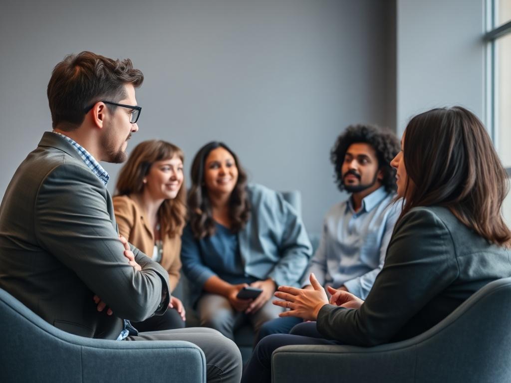 A group of diverse professionals engaged in a conflict resolution role-play. The setting is a modern office space, with soft gray walls and cool-toned furnishings. Each participant displays a thoughtful demeanor, reflecting engagement and active listening. The composition captures the essence of teamwork in overcoming challenges.