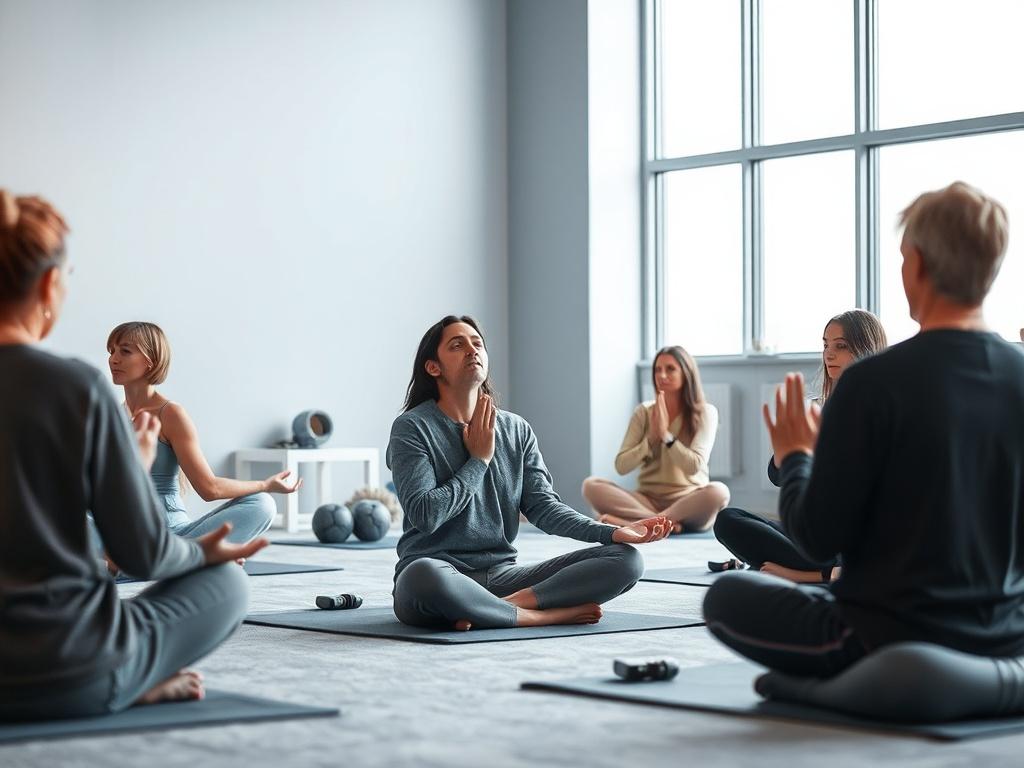 A serene workshop setting with participants practicing breathing exercises. The atmosphere is calming, featuring soft gray hues and cool-toned decor. Each individual is seated comfortably, engaged in self-reflection. The composition highlights the importance of connection to one’s body, with a focus on mindful practices.