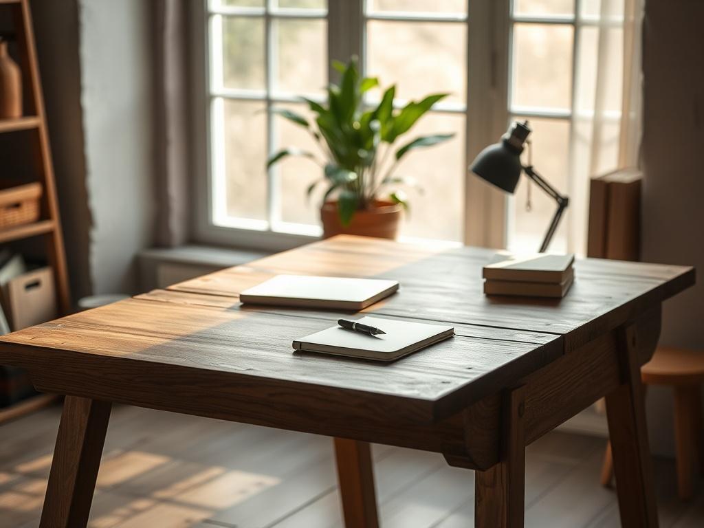 A calm and inviting workspace setting with natural light filtering through a large window. The scene features a sturdy wooden desk with a simple, elegant notebook and a pen resting on it. In the background, a potted plant adds a touch of greenery, and a muted, earthy color palette creates a sense of tranquility. The composition is minimalist, focusing on the desk as the central subject, evoking a grounded and thoughtful atmosphere.