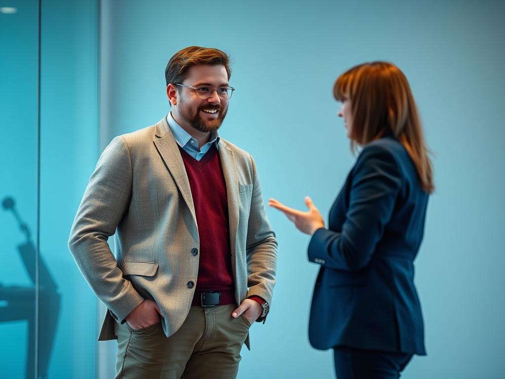A confident individual standing in a modern, cool-toned office, engaging in a discussion with a colleague. The background features shades of blue and gray, with a focus on the interaction between the two people. The image should convey professionalism and clarity in communication.