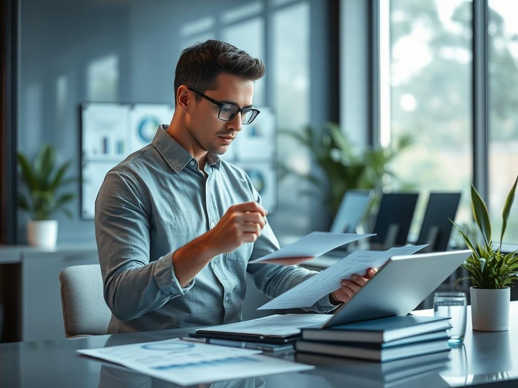 An individual thoughtfully analyzing data and making notes in a sleek, modern workspace. The background features cool tones with a hint of nature, symbolizing clarity and focus. The image should reflect a sense of determination and strategic thinking.