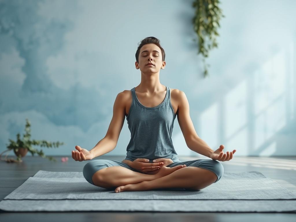 A calm individual sitting cross-legged on a soft gray mat in a serene environment, eyes closed, practicing mindfulness. The background features soft blues and subtle hints of nature, creating a peaceful atmosphere. The image should evoke tranquility and introspection.