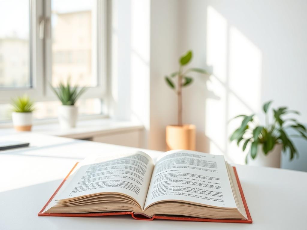 A calm and focused workspace with an open book on