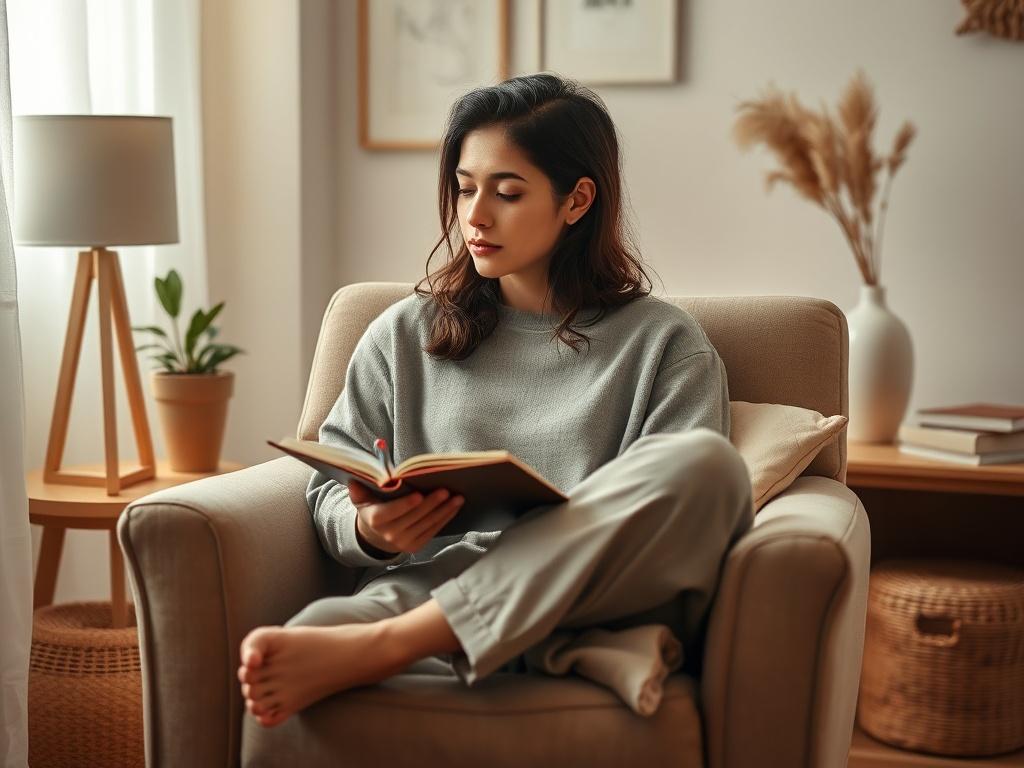 A serene individual sitting in a cozy chair, engaged in