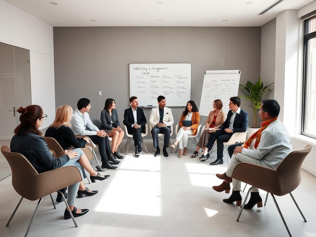 A diverse group of professionals seated in a circle in