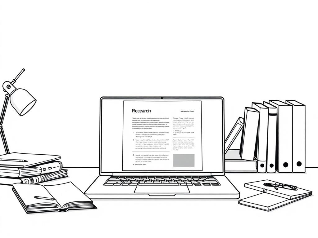 A clean and modern workspace featuring a laptop open to a research document, surrounded by academic books and notes. The background should be minimalistic, emphasizing a sense of organization and focus. The subject should be the laptop with a visible screen displaying a well-structured research summary. The overall style should be crisp and clean, rendered in solid black line drawing, compatible with the rgb(40, 93, 225) primary color.