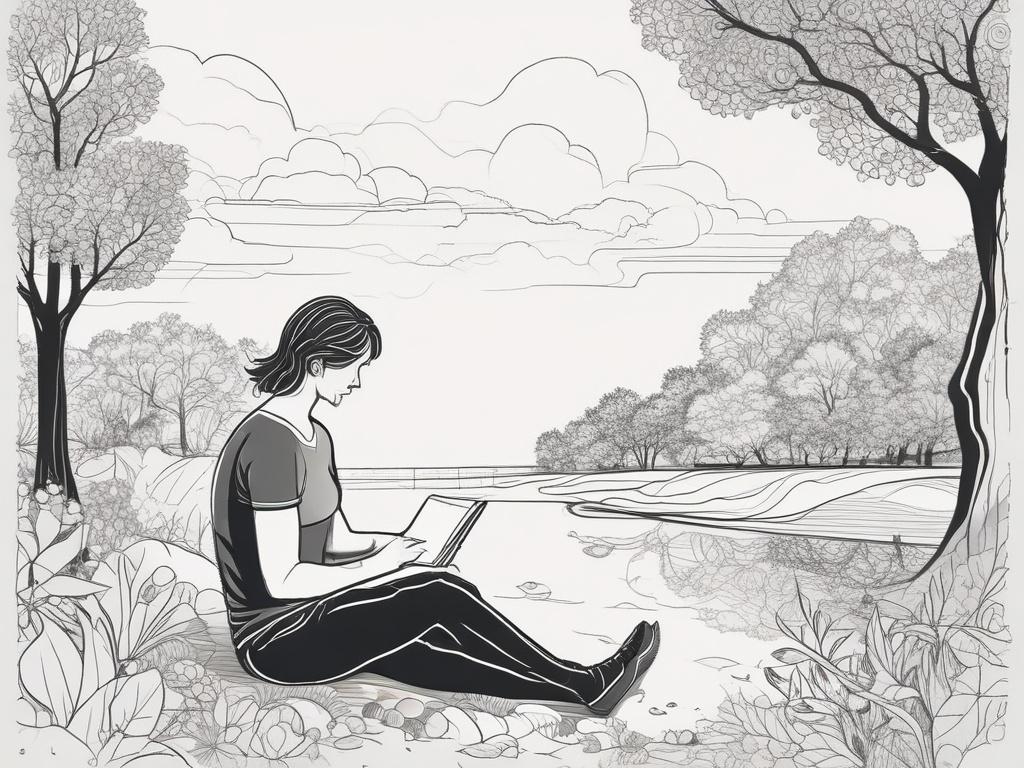 A high-quality illustration of a person peacefully journaling on a sleek digital tablet, surrounded by floating thought bubbles and nature-inspired elements like leaves and soft waves. The scene is serene, emphasizing calm and focus. The illustration uses crisp, solid black line drawing style with the primary color rgb(40, 93, 225) subtly integrated in the tablet screen and highlights. The background is simple and clean, enhancing the subject's sense of privacy and concentration.