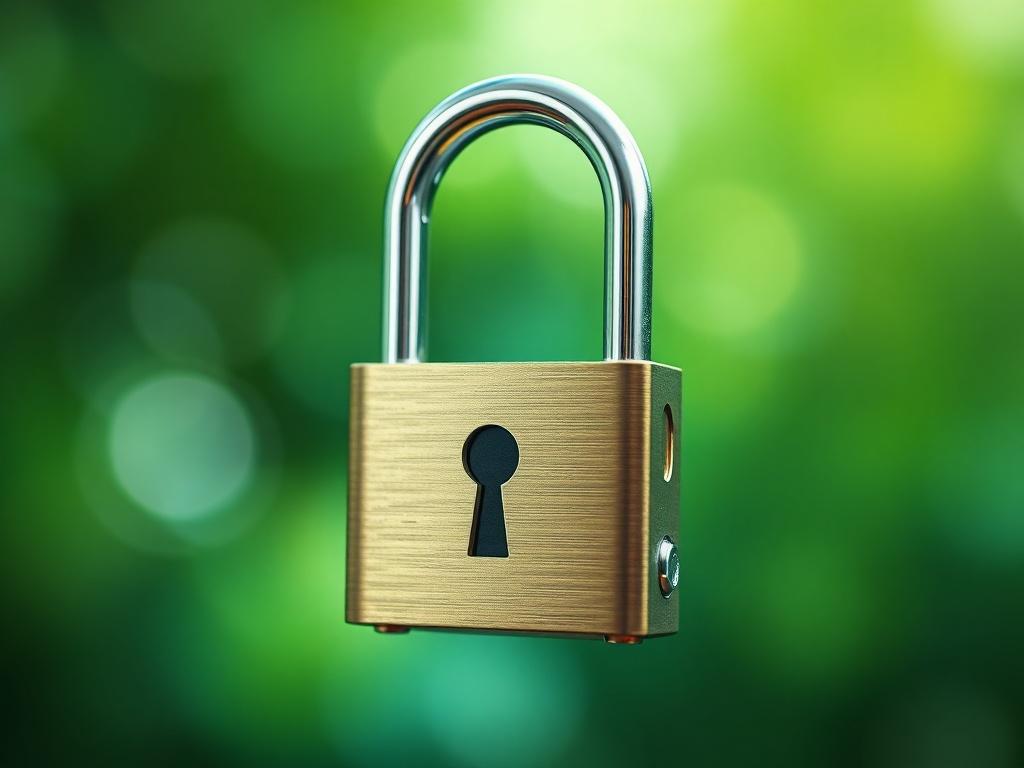 A close-up shot of a secure lock symbolizing data protection, set against a soft, blurred green background that reflects trust and security. The image should be hyper-realistic, captured with a 45mm f/1.2 lens to emphasize the lock, making it the sole focus of the image.