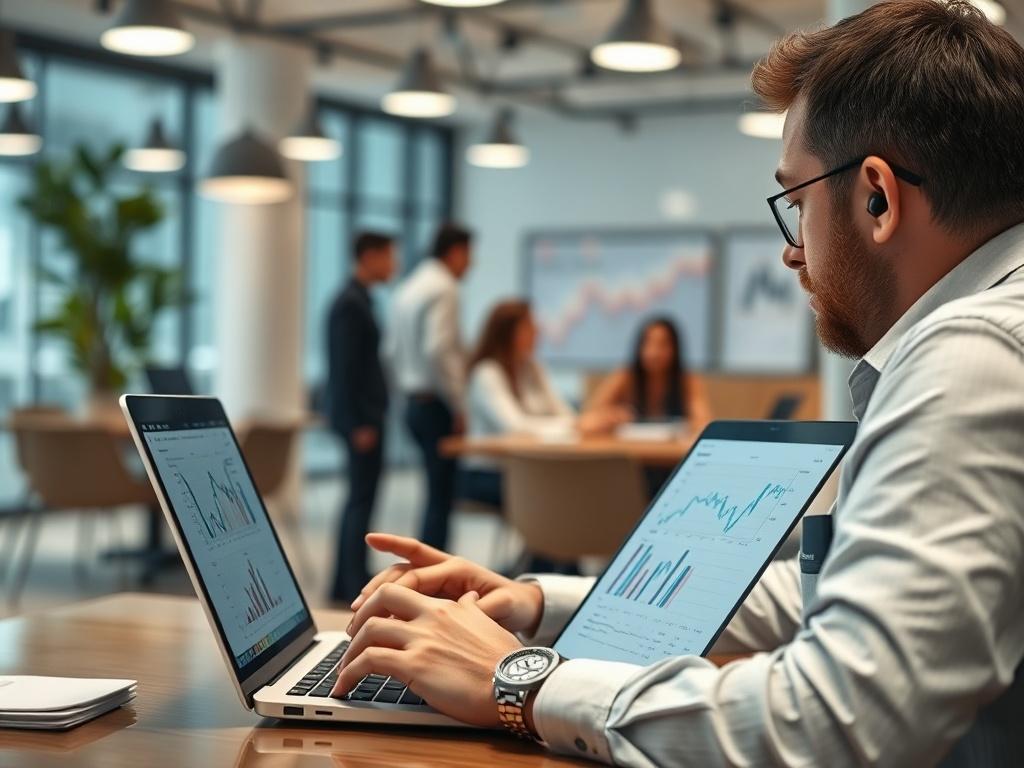 A close up shot of a manager analyzing workforce data