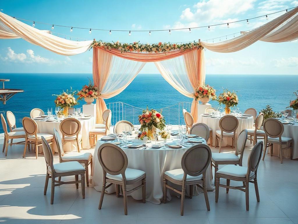 A breathtaking seaside villa setup for a wedding, with elegant decorations, soft lighting, and a stunning ocean view in the background. The focus should be on the beautifully arranged tables and chairs, with floral centerpieces and romantic drapery. The composition should be bright and inviting, capturing the essence of a perfect wedding venue.