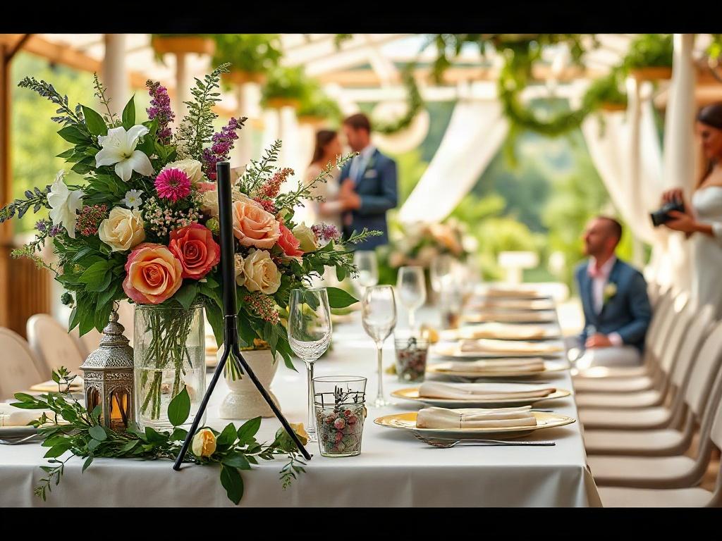 A vibrant display of wedding suppliers, showcasing a beautiful floral arrangement, an elegantly set dining table, and a happy couple interacting with a photographer. The background features a sunny outdoor venue, with lush greenery and decorations that highlight the wedding theme. The composition should evoke a sense of joy and celebration.