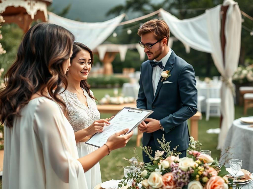 A wedding planner with a clipboard, discussing details with a couple at a picturesque outdoor wedding venue. The scene should include decorations, floral arrangements, and a beautiful backdrop, capturing the essence of wedding planning. The composition should emphasize collaboration and the excitement of planning.