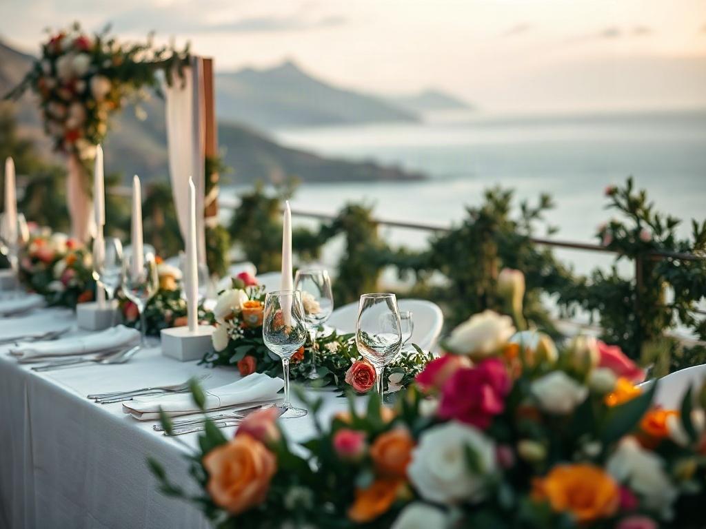 A beautifully arranged outdoor wedding setting in Funchal, Portugal, featuring elegant floral decorations and a stunning backdrop of the sea and mountains. The scene captures the essence of romance and celebration, with soft lighting and an intimate ambiance. The focus is on the beautifully set table with fine china and delicate centerpieces, surrounded by lush greenery and vibrant flowers, ensuring a warm and inviting atmosphere.