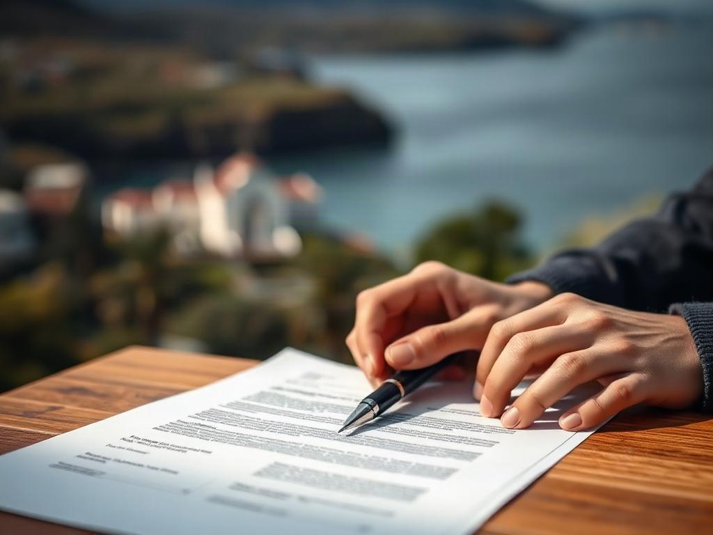 A close-up shot of a wedding planner's hands holding legal documents and a pen, with a blurred background of a beautiful Madeira landscape. The lighting is warm and inviting, focusing on the detailed textures of the documents and the elegance of the pen, creating an atmosphere of professionalism and care.