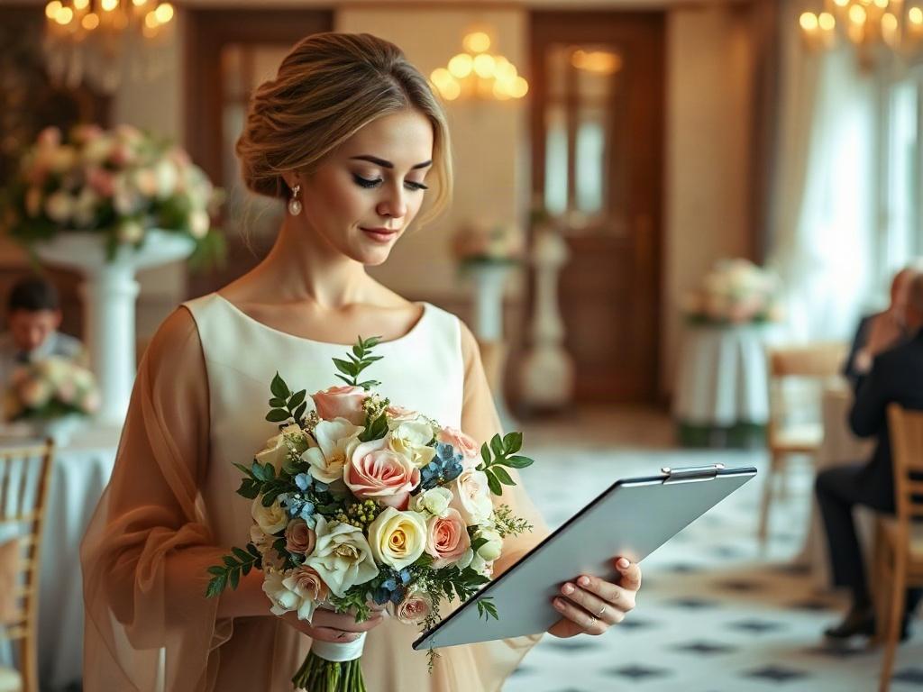 A close-up shot of a wedding coordinator holding a beautiful bouquet in one hand while reviewing a wedding timeline on a clipboard in the other. The coordinator is dressed elegantly, standing in a well-decorated wedding venue with soft lighting and floral arrangements in the background. The focus is on the coordinator's expression of confidence and calmness, conveying professionalism and care. The color palette should complement the rgb(4, 104, 120) primary color.