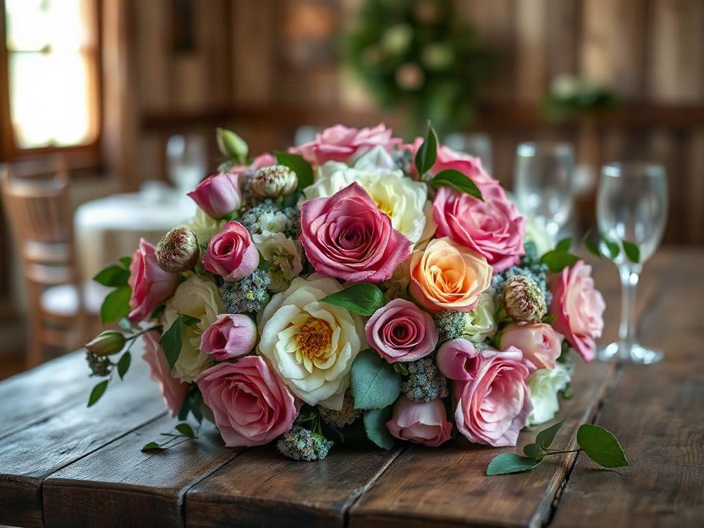 A close-up shot of a beautifully arranged wedding floral centerpiece, featuring vibrant flowers in soft hues on a rustic wooden table. The background is softly blurred to emphasize the flowers, with natural light illuminating the scene, creating a warm and inviting atmosphere. The photo captures the essence of local craftsmanship and quality, showcasing the beauty and elegance of wedding decor.