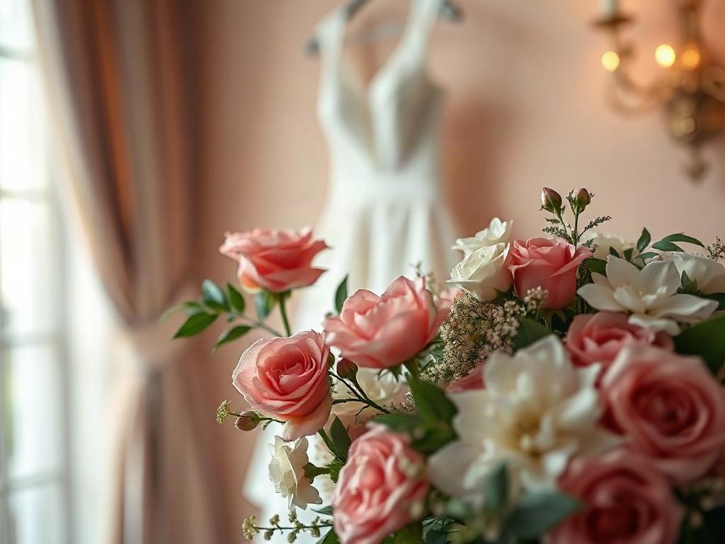A beautifully arranged wedding scene featuring a stunning bouquet of fresh flowers, an elegant wedding dress hanging in the background, and soft, romantic lighting creating an intimate atmosphere. The composition focuses on the bouquet in the foreground with the dress slightly blurred in the background, conveying a sense of anticipation and joy. The background should feature delicate drapery and soft colors that complement the primary color rgb(4, 104, 120). The overall image should evoke feelings of love a