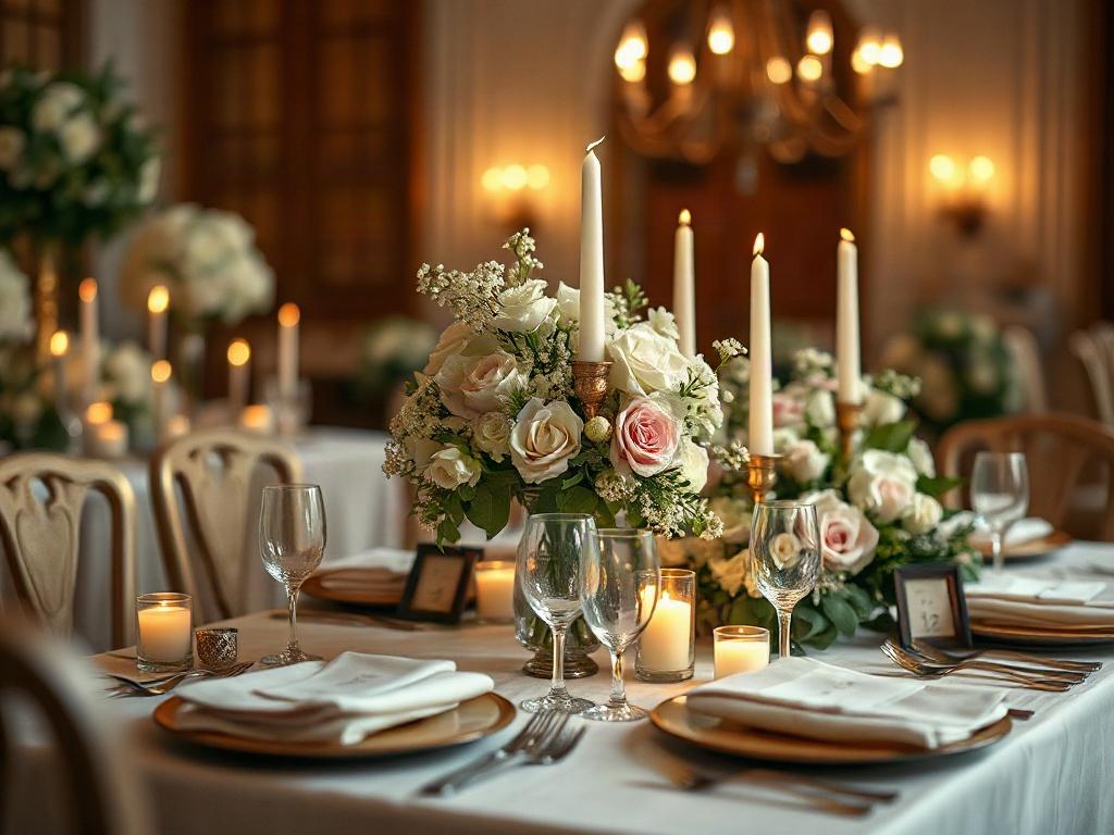 A close-up shot of a beautifully arranged wedding table featuring elegant floral centerpieces, soft candlelight, and intricate table settings. The background should be blurred to emphasize the table decor, creating a warm and inviting atmosphere. The image should capture the essence of romance and celebration, with a rich color palette that includes shades of white, blush, and greenery.