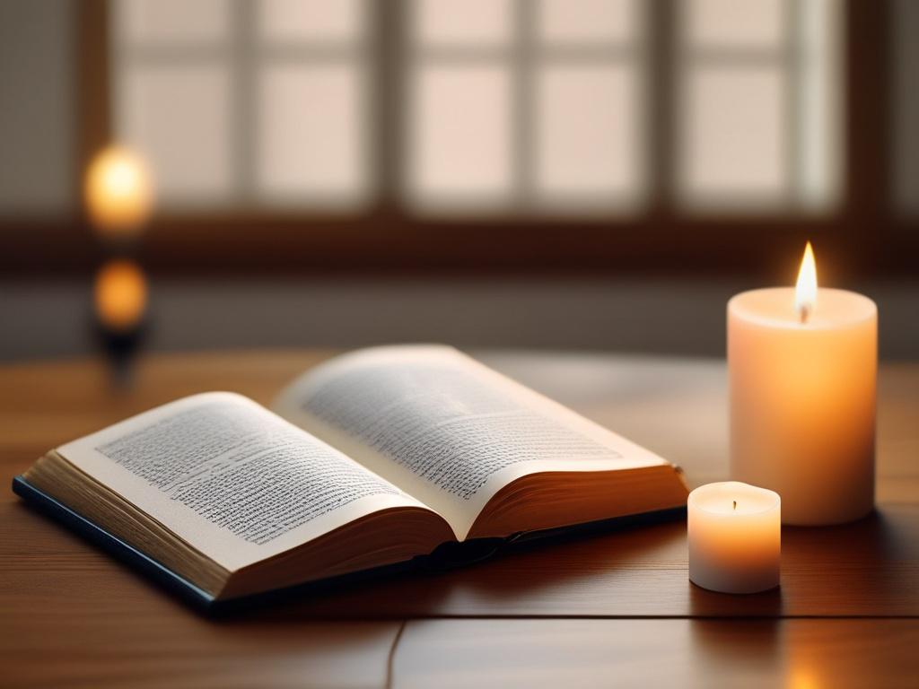 a close-up shot of an open Bible on a wooden table, with a warm light illuminating the pages, surrounded by candles and a peaceful atmosphere.