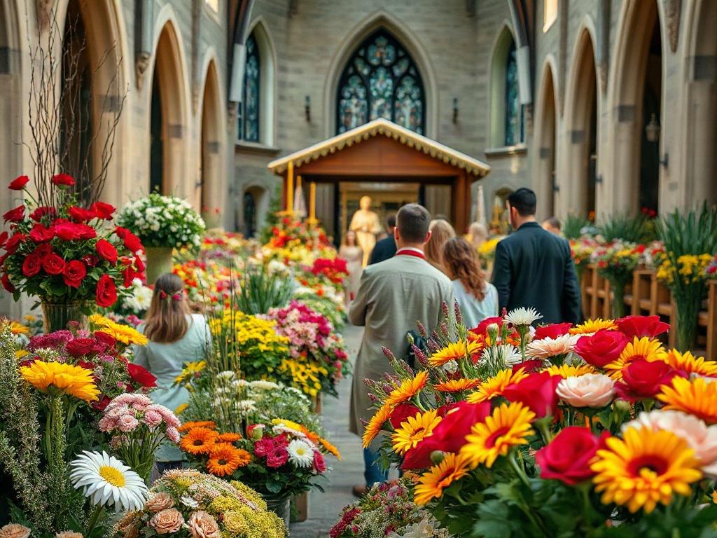 A panoramic view of a flower festival at the church, displaying an array of colorful floral arrangements in various styles. The scene captures visitors admiring the displays, with vibrant flowers in full bloom, surrounded by a welcoming church setting.