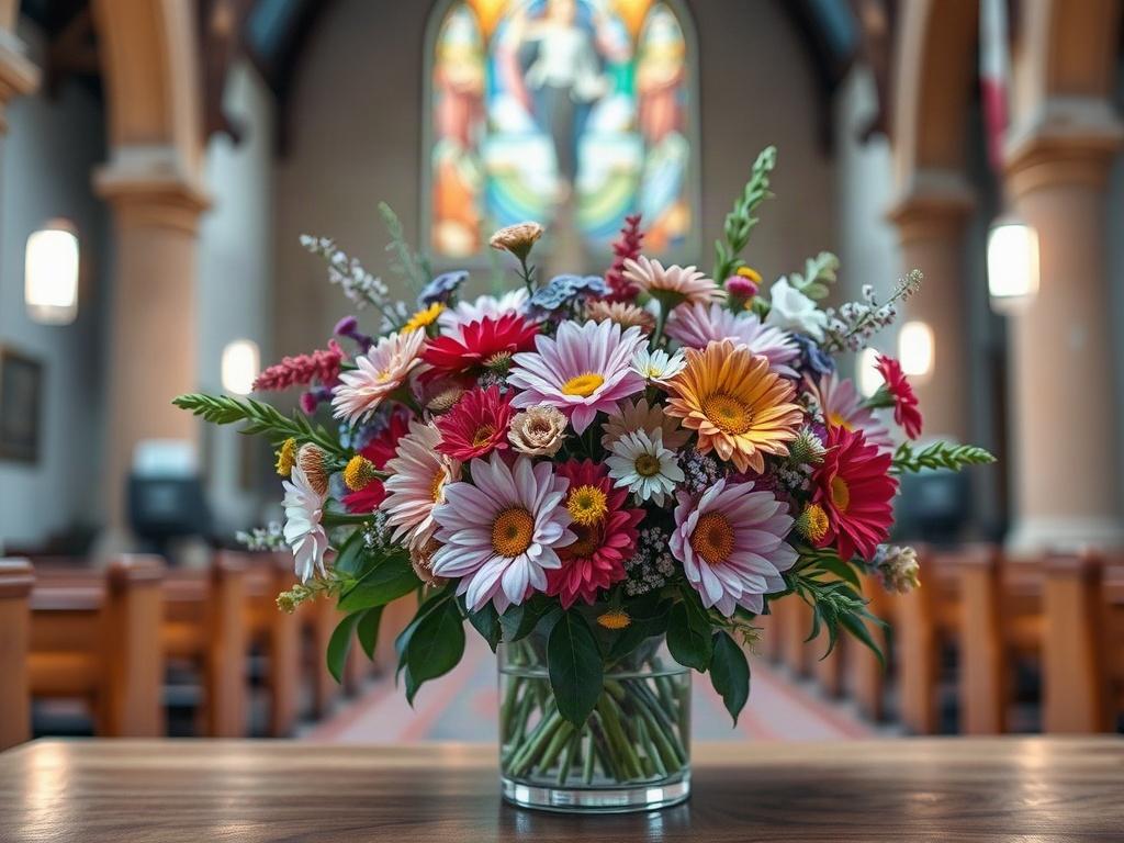 A close-up shot of a vibrant floral arrangement featuring a mix of seasonal flowers in a glass vase, set on a wooden church altar. The background includes soft-focus details of a church interior, creating a warm and inviting atmosphere.