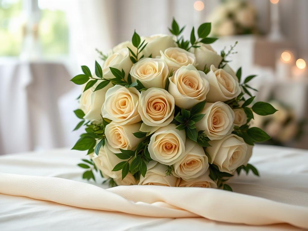 An elegant bridal bouquet made of white roses and greenery, placed on a soft linen surface. The background features subtle wedding decor details in soft focus, conveying a romantic and sophisticated wedding atmosphere.
