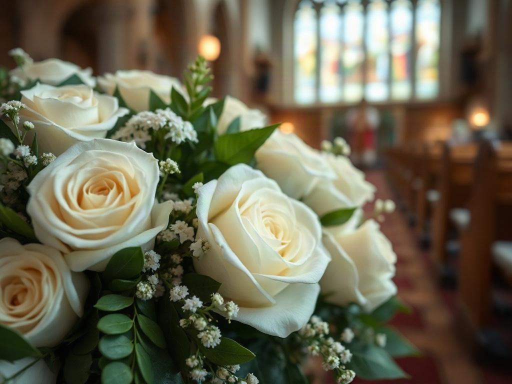 A close-up shot of a wedding floral arrangement, showcasing elegant white roses, greenery, and delicate accents in a church setting. The background should softly blur, highlighting the flowers and creating a romantic atmosphere perfect for a wedding ceremony.