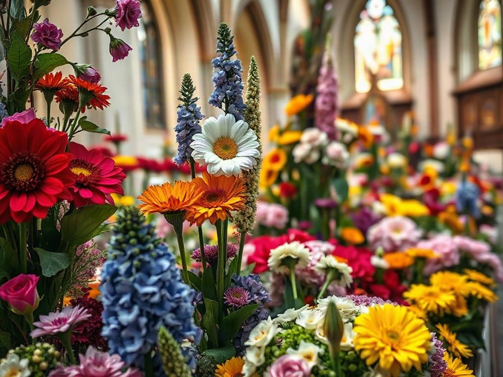 A close-up shot of a floral display at a church flower festival, featuring a variety of colorful flowers arranged in a creative and artistic manner. The background should include hints of church architecture, creating a festive atmosphere that invites visitors to enjoy the beauty of floral art.