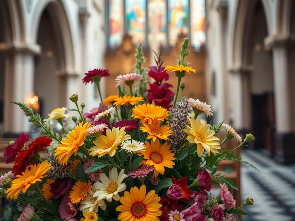 A close-up shot of a beautifully arranged floral display in a church setting, featuring vibrant seasonal flowers in various colors. The composition should focus on the intricate details of the flowers, with a soft blurred background representing the interior of a church, creating a warm and welcoming atmosphere.