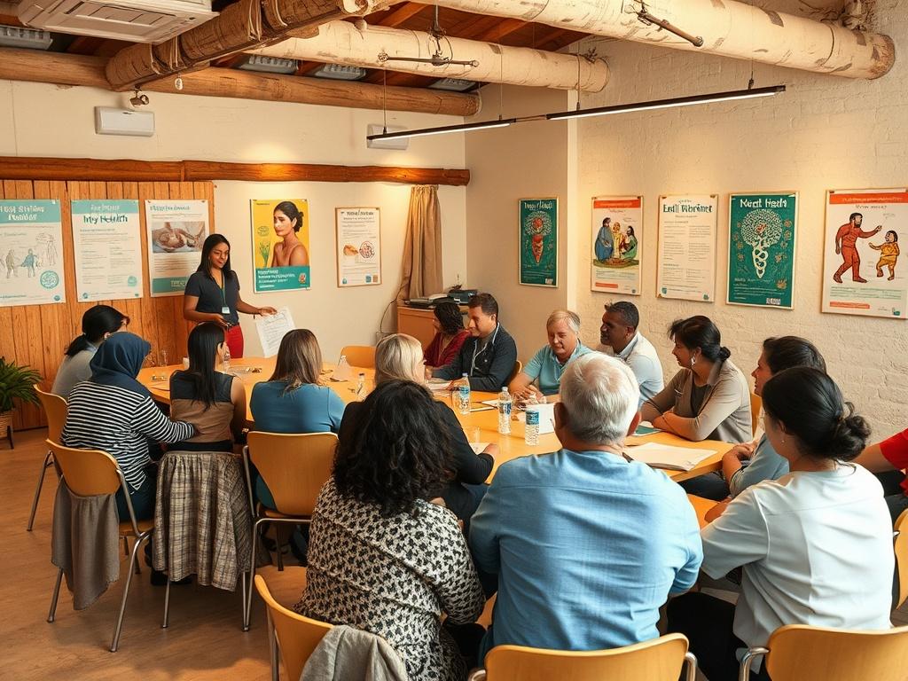 A dynamic workshop setting with participants engaged in group activities