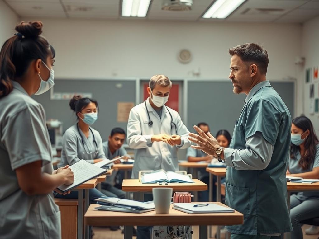 An instructor demonstrating a medical procedure in a classroom setting