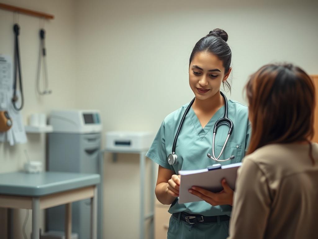 Create a realistic high-resolution photo that captures the essence of the title "Essential Skills for Medical Assistants." The composition should feature a focused, single subject: a medical assistant in scrubs, confidently engaging with a patient in a clinical setting. The medical assistant, a young Hispanic woman, should be portrayed attentively listening and taking notes on a clipboard, reflecting professionalism and empathy.

The background should depict a well-lit medical office, with essential element
