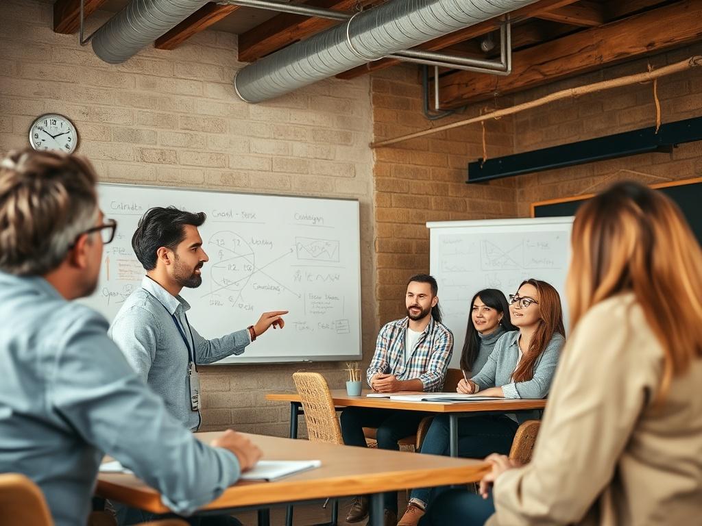 A professional educator in a modern training room, engaged in a dynamic learning session with a diverse group of employees. The setting should feature a clean and organized environment, with natural lighting and earthy textures. The educator should be animatedly explaining concepts on a whiteboard, while employees attentively participate, showcasing expressions of interest and engagement.