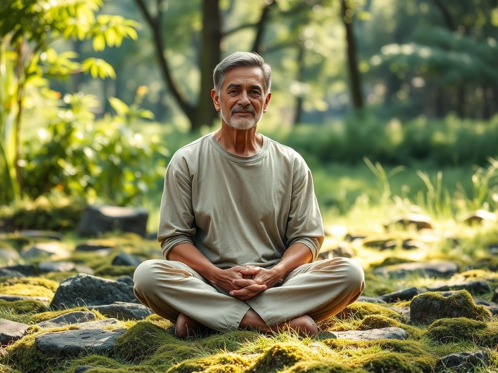 **Prompt for AI Image Generation:**

Create a highly realistic high-resolution photo that embodies the essence of a blog titled "Understanding the Endocannabinoid System". The composition should be simple and clear, focusing on a single subject: a serene, healthy individual sitting cross-legged in a peaceful, natural environment, representing balance and wellness. This subject should be a middle-aged person of diverse ethnic background, wearing comfortable, earth-toned clothing that blends harmoniously with