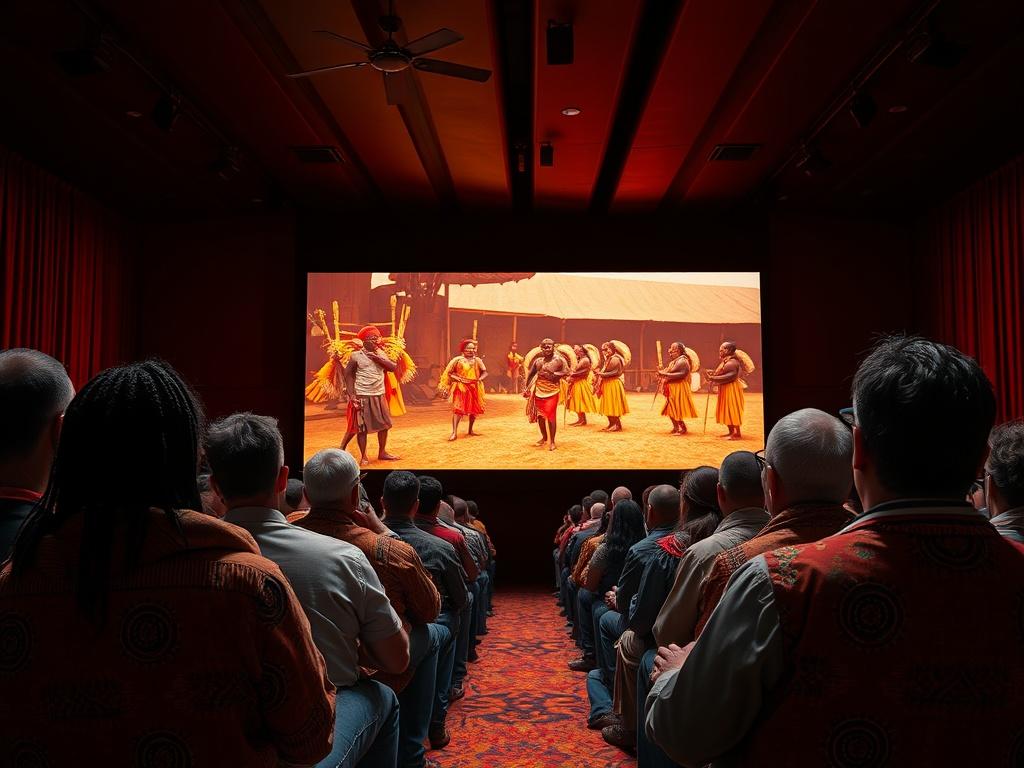 A cinematic view of a documentary screening event featuring an audience captivated by a film about Kalenjin culture. The screen displays vivid images of traditional dances and ceremonies, surrounded by a warm and inviting atmosphere.